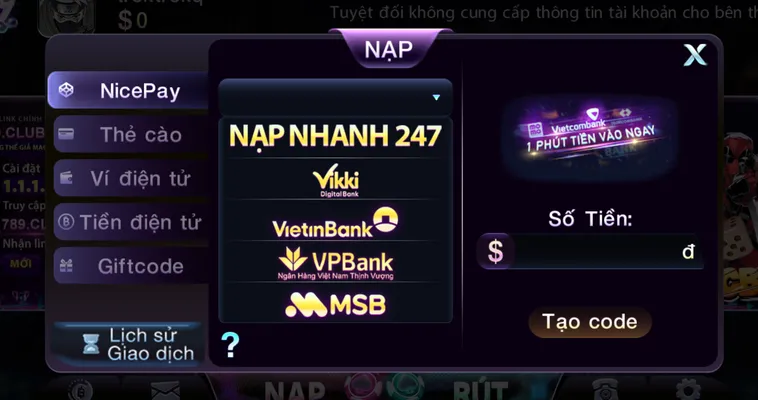 Nạp Tiền Nhanh Bằng Tài Khoản Ngân Hàng Vào 789Club Dễ Dàng